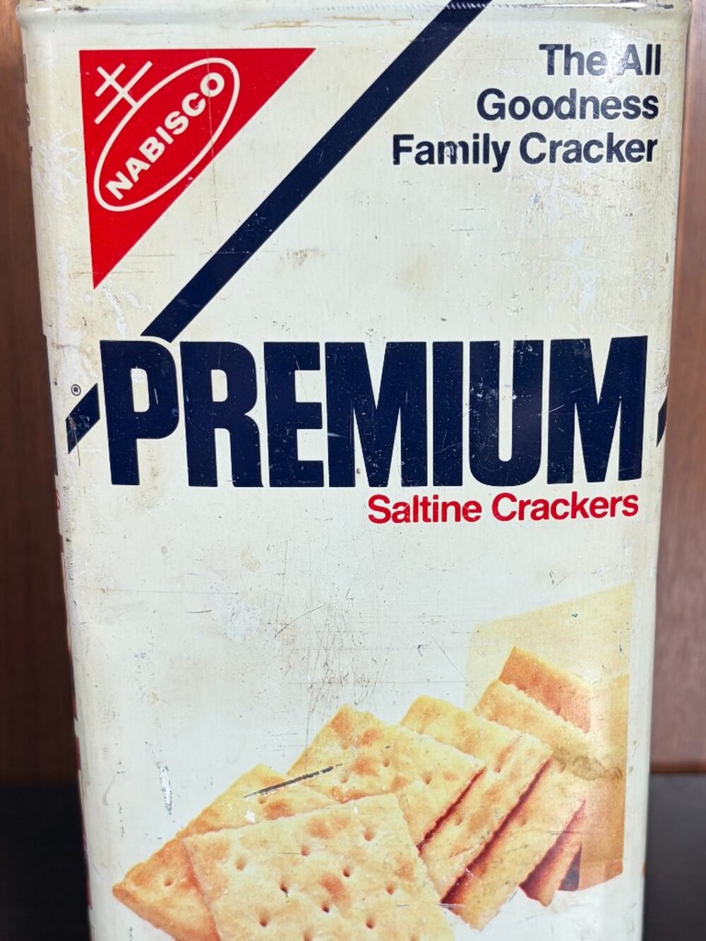 Vintage 1978 Nabisco Premium Saltine Crackers Tin Canister Blue Lid 16 Oz
